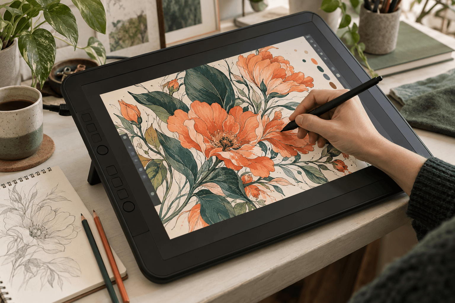 Ekranlı tablette çiçek illüstrasyonu üzerinde dijital çizim
